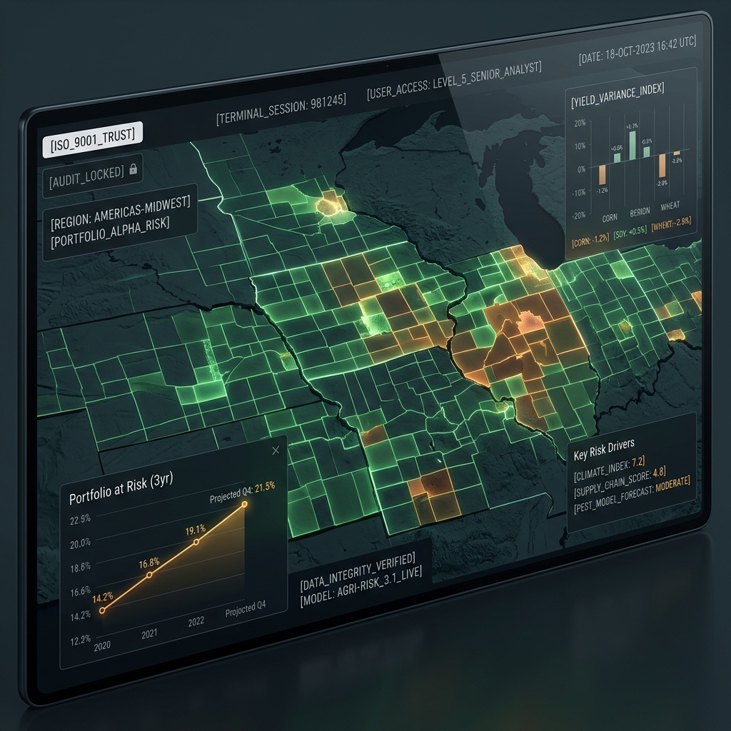 Agricultural lending risk dashboard showing mapped fields and portfolio risk signals