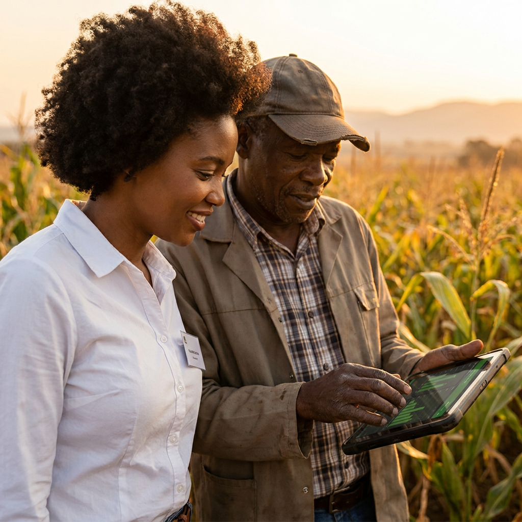 An agricultural lender and a farmer discussing farm credit and crop insights on a tablet in a lush field